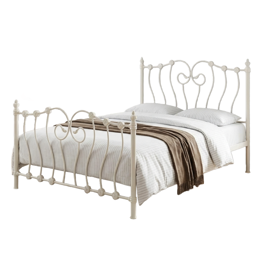 Inova king size metal bed in ivory, Victorian style headboard and foot end