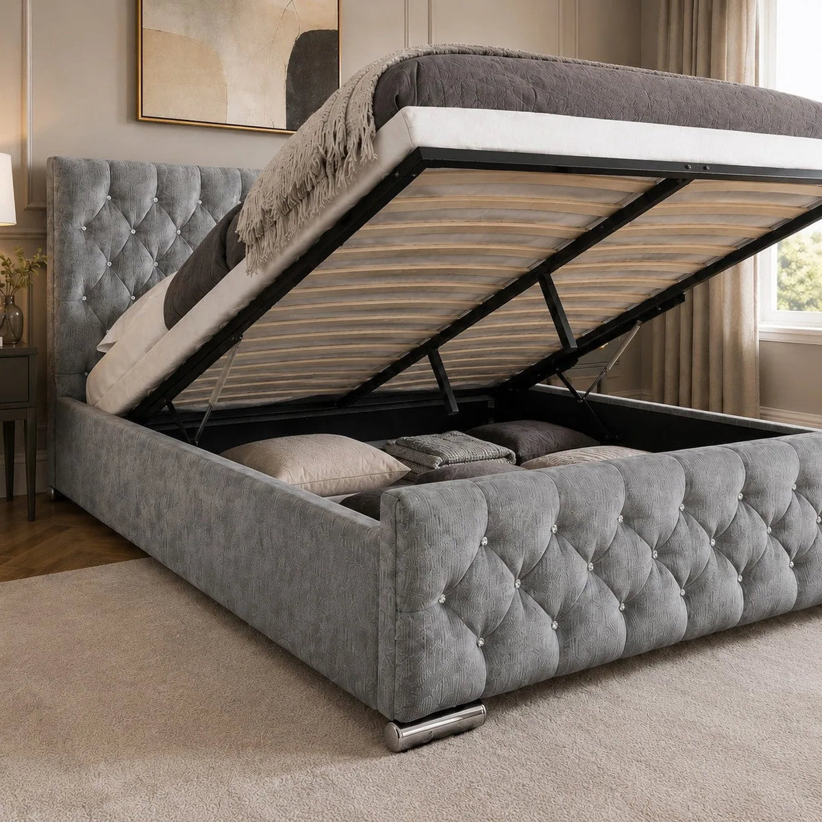 Grosvenor super king ottoman bed frame in silver chenille