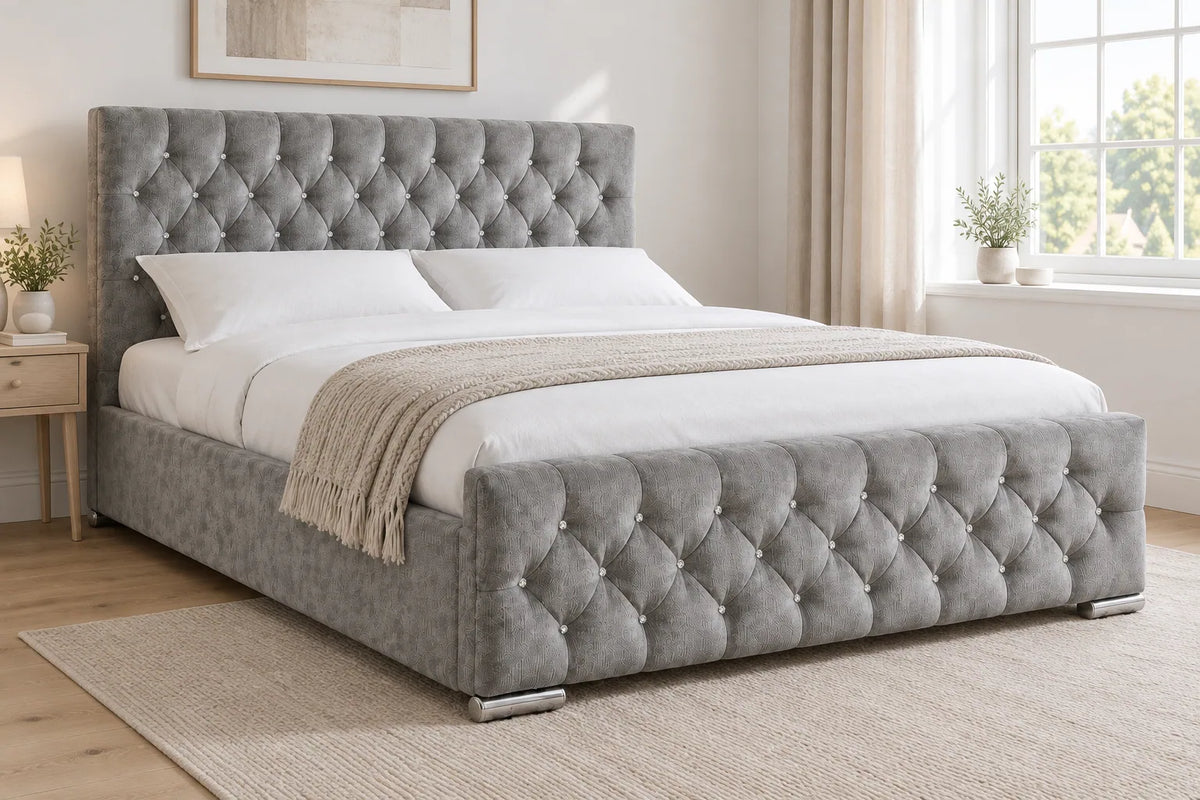 Grosvenor silver chenille super king ottoman bed, shown in a bright UK bedroom