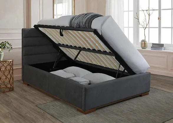 Mayfair king size ottoman bed with the base lifted open to show the storage