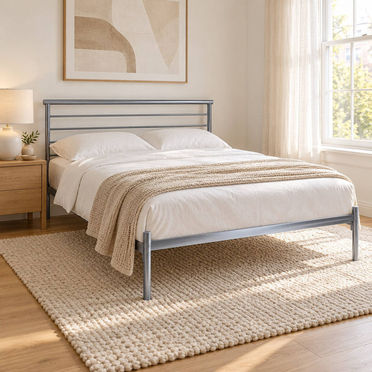 Bermondsey silver metal bed frame, in a bright bedroom (AI-generated illustration of this frame; bedding for illustration, mattress not included)