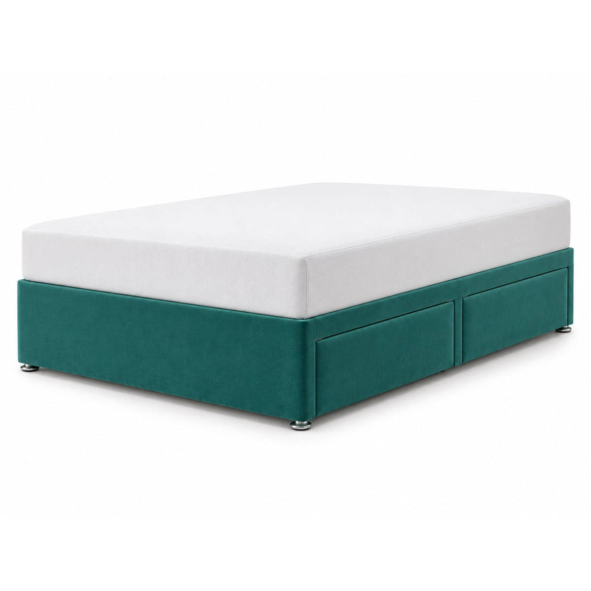 Plush velvet divan bed base in aqua with 2 drawers (AI-generated illustration of this divan in the maker's aqua plush velvet; mattress for illustration, not included)