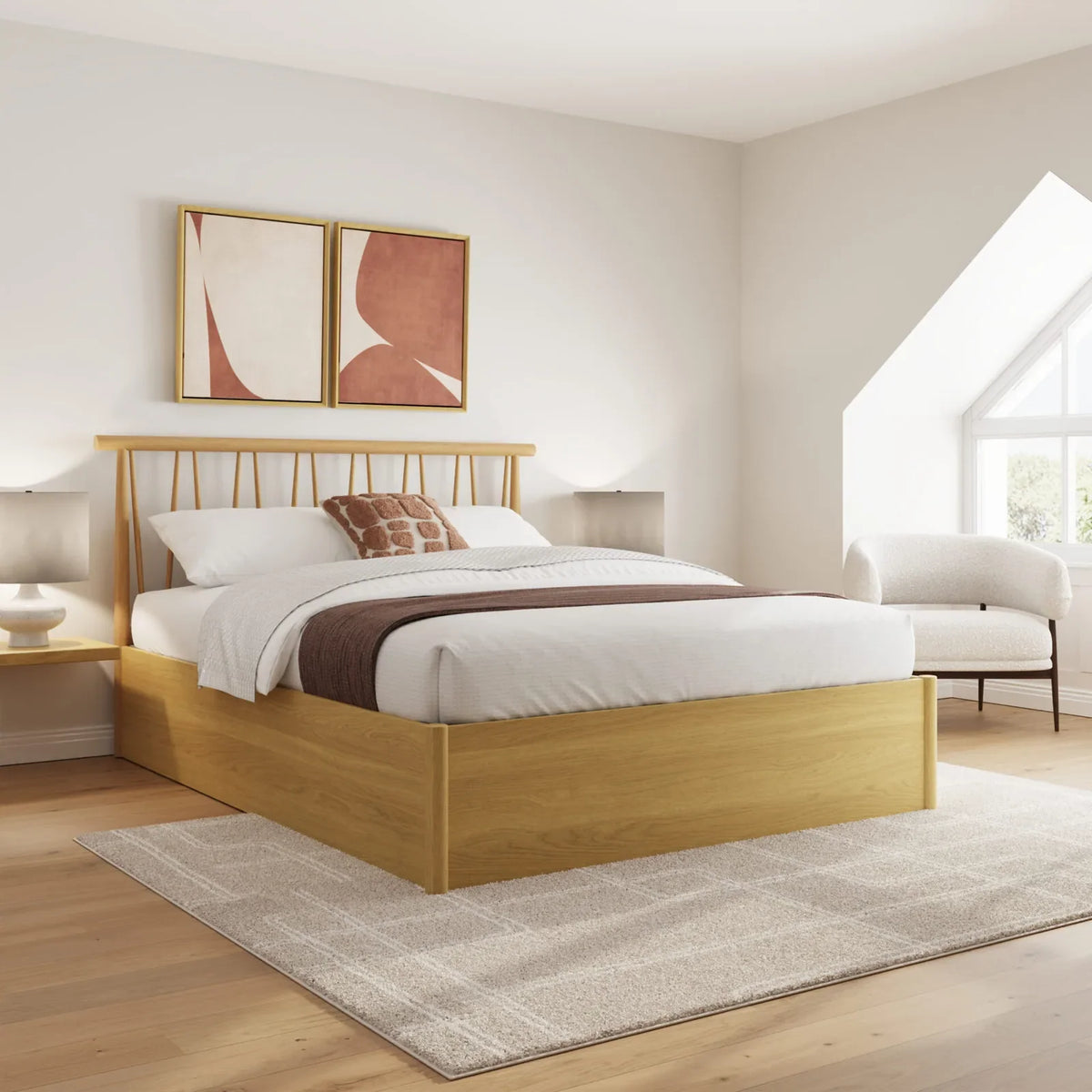 Richmond wooden ottoman bed frame with a spindle headboard in oak
