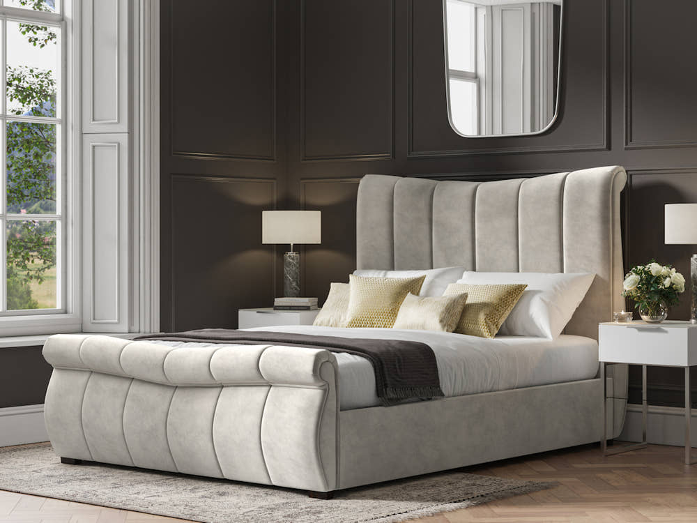 Southgate velvet ottoman bed in light grey velvet, closed, in a bedroom