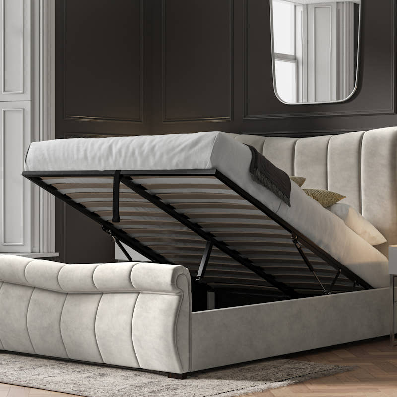 Southgate velvet ottoman bed in light grey velvet, with the gas lift storage open