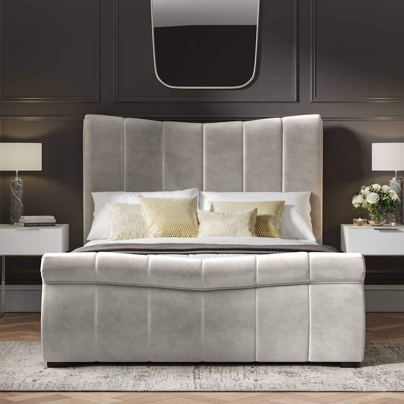 Southgate velvet ottoman bed in light grey velvet, from the foot end