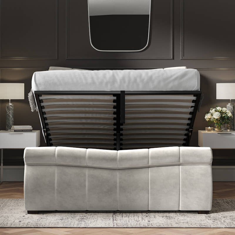 Southgate velvet ottoman bed in light grey velvet, from the foot end, storage open
