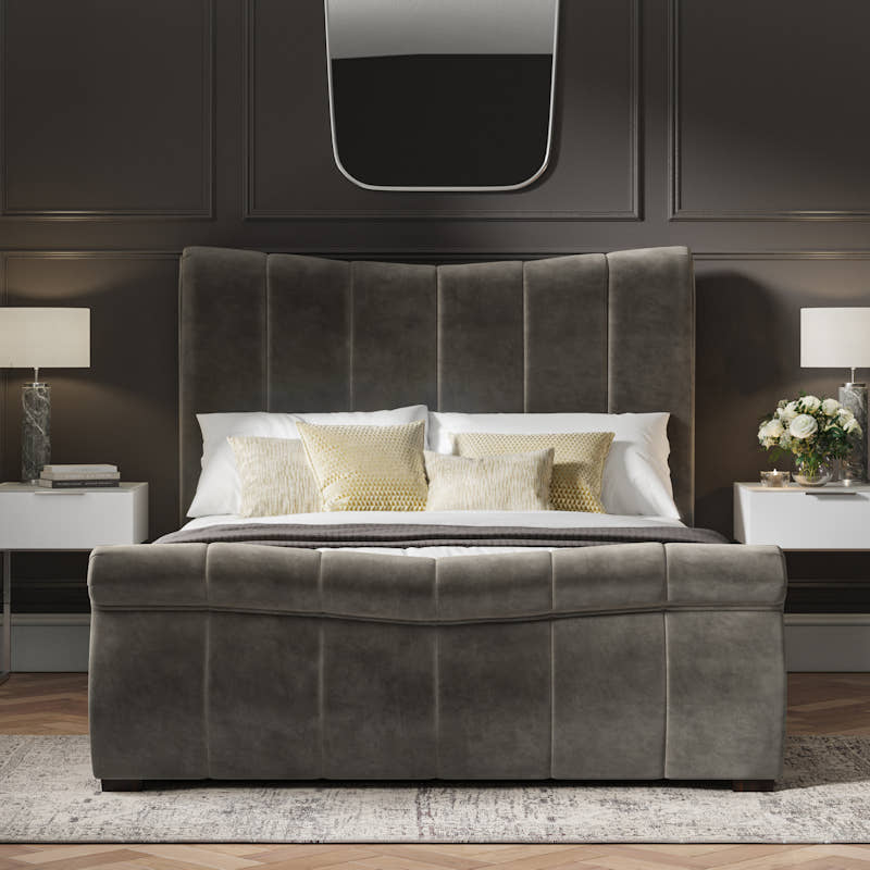 Southgate velvet ottoman bed in mid grey velvet, from the foot end