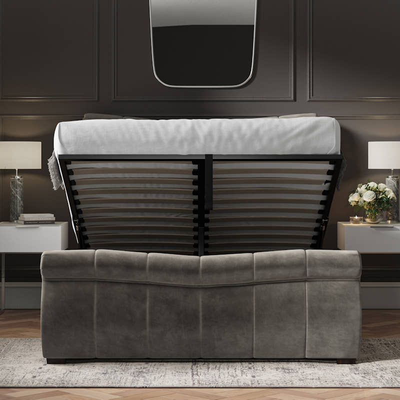 Southgate velvet ottoman bed in mid grey velvet, from the foot end, storage open