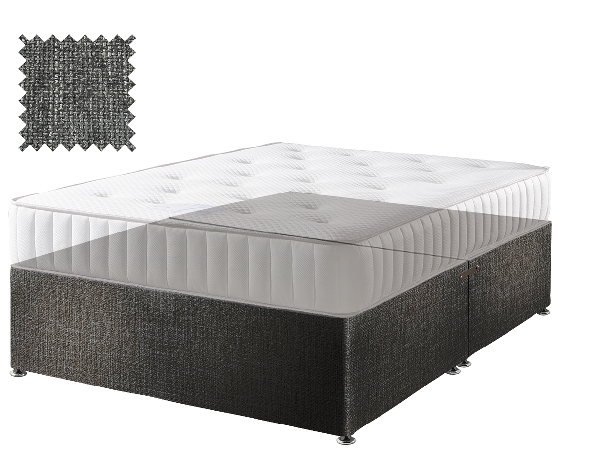 Hopsack divan bed base in slate, no drawers and no headboard (mattress shown for illustration, not included)