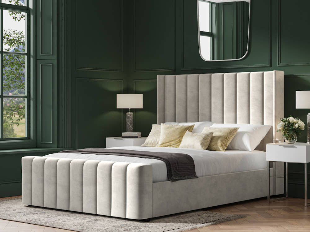 Stanmore velvet ottoman bed in light grey velvet, closed, in a bedroom