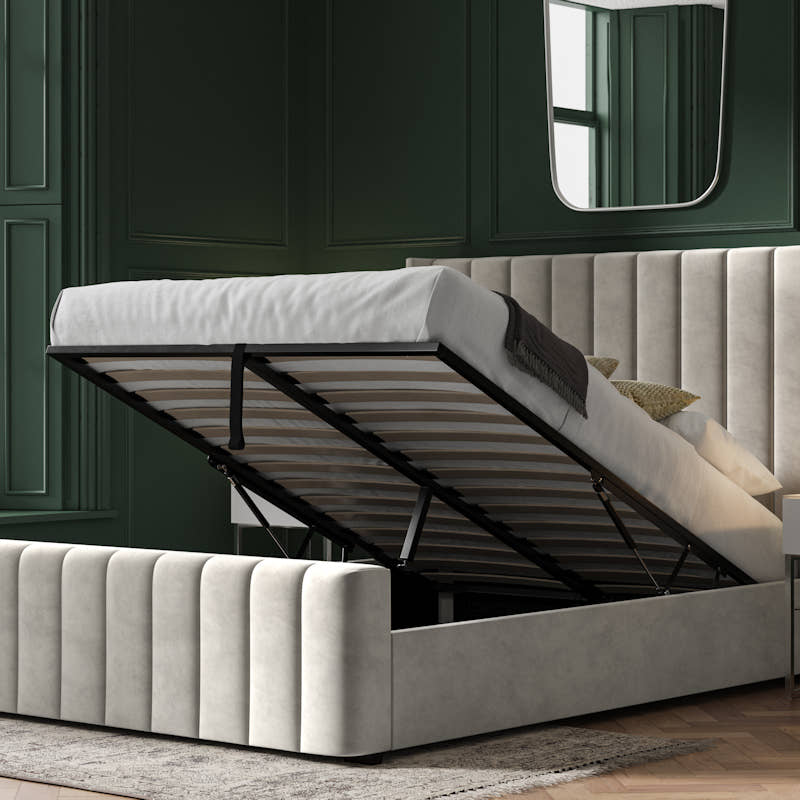 Stanmore velvet ottoman bed in light grey velvet, with the gas lift storage open