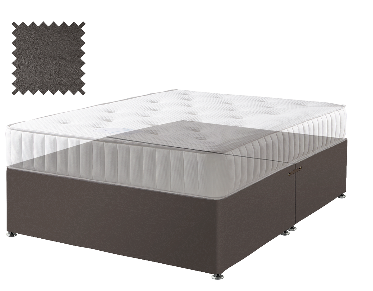 Faux Leather divan bed base in brown, no drawers and no headboard (mattress shown for illustration, not included)