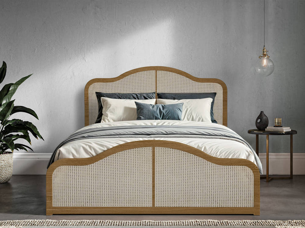 Edgware solid pine ottoman bed in oak finish, closed, in a bedroom