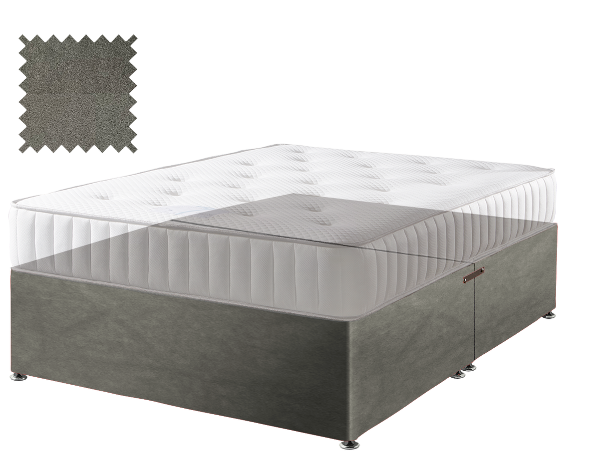 Suede divan bed base in grey, no drawers and no headboard (mattress shown for illustration, not included)