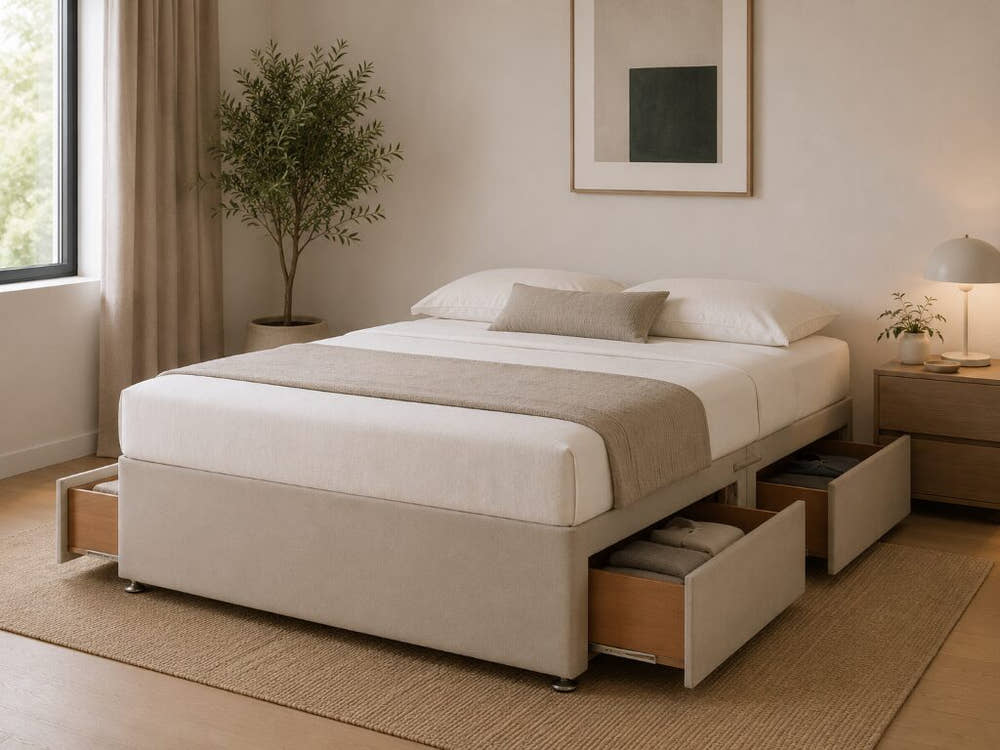 Platform top divan base with 4 drawers open, shown in a cream fabric, mattress for illustration only