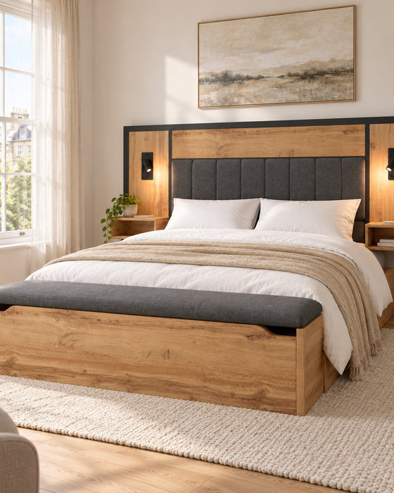 Finchley bed with bedside tables and storage bench, oak effect, in a bright bedroom (AI-generated illustration of this frame; bedding for illustration, mattress not included)