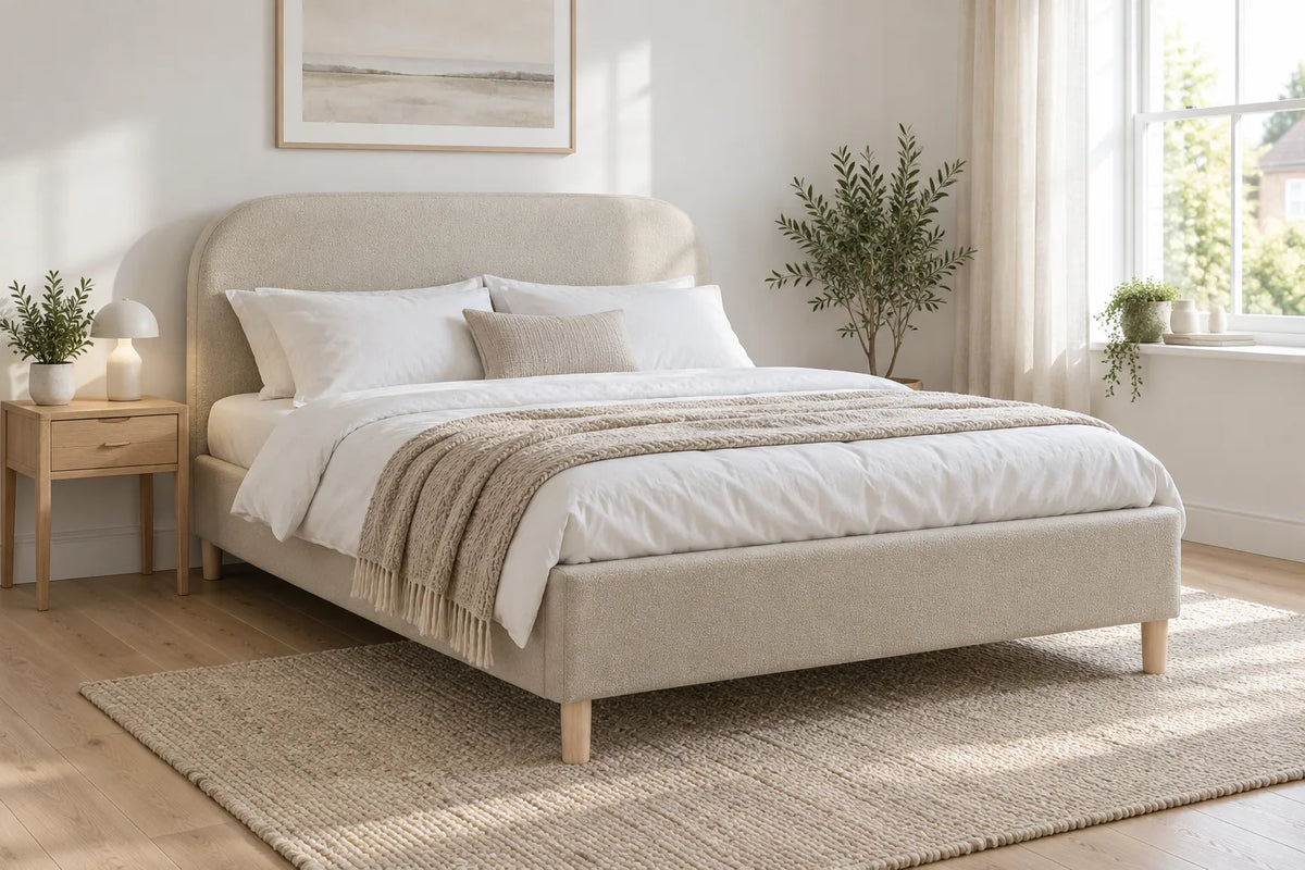 Belgravia stone boucle ottoman bed, shown in a bright UK bedroom