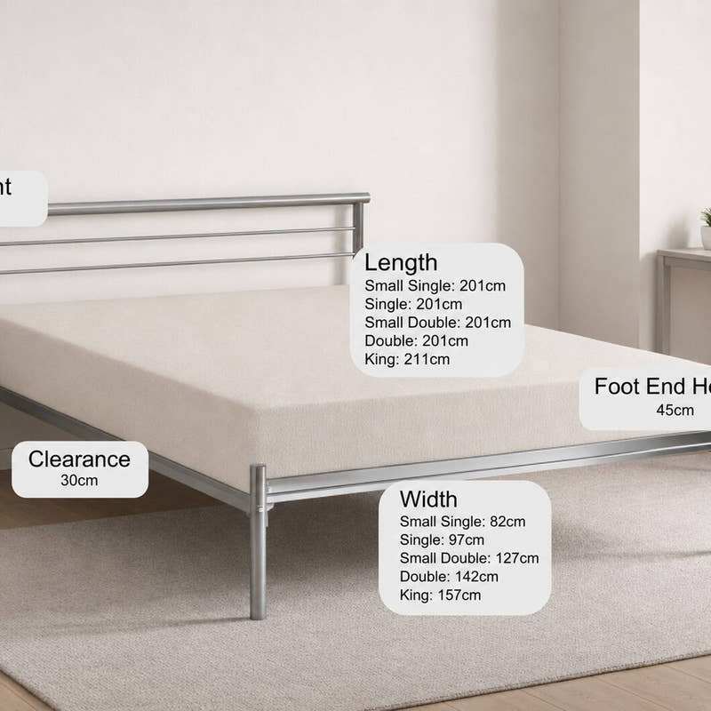 Bermondsey silver metal bed frame, in a bedroom with its height, length and under-bed clearance marked