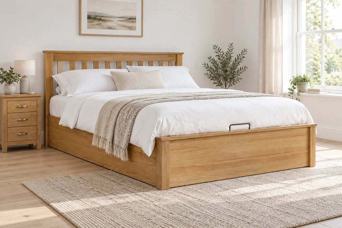 Bloomsbury solid oak super king ottoman bed, shown in a bright UK bedroom