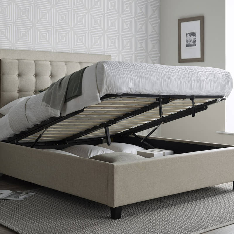 Tooting fabric ottoman bed in oatmeal, with the gas lift storage open