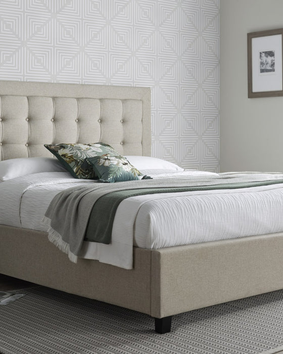 Tooting fabric ottoman bed in oatmeal, closed, in a bedroom