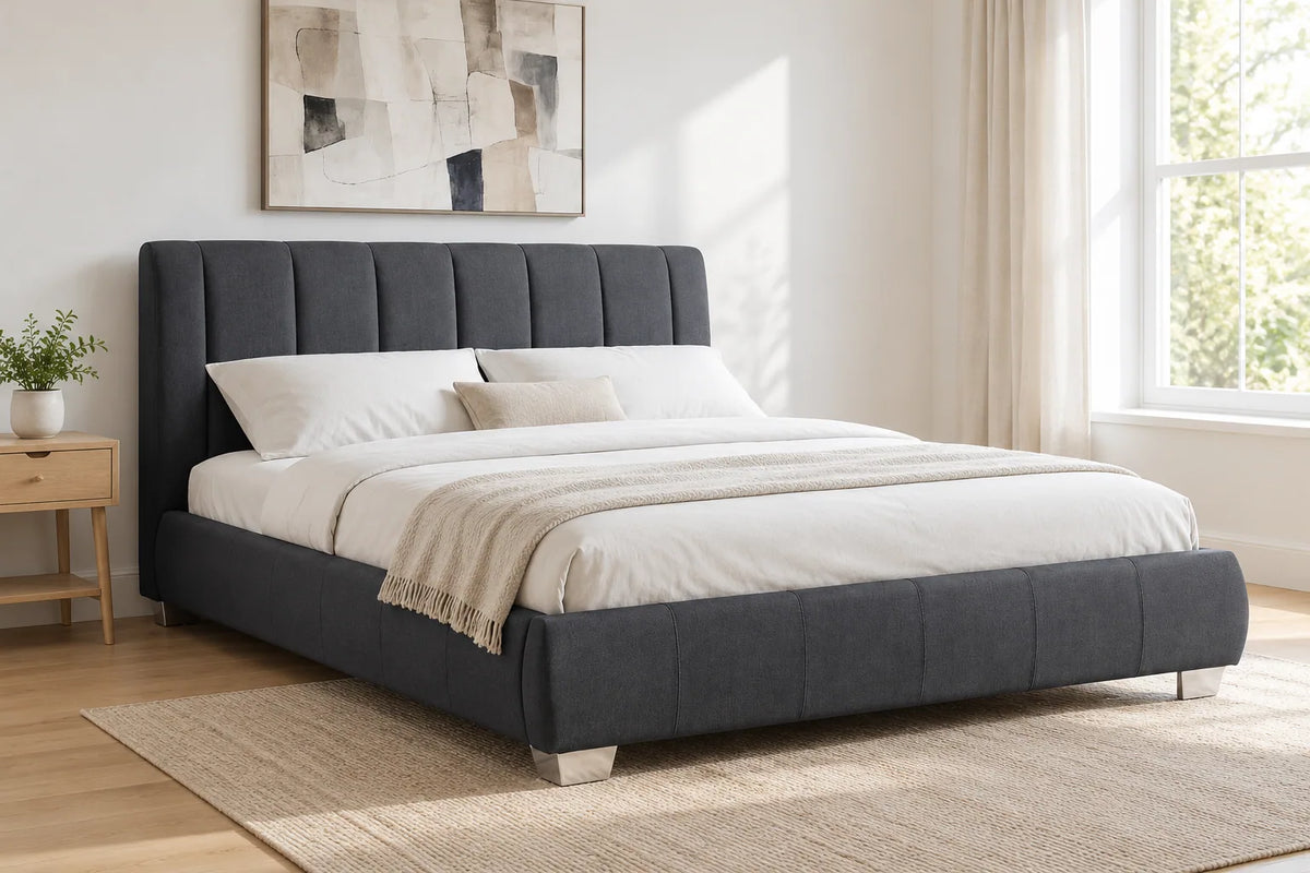 Braunston grey upholstered bed frame, shown in a bright UK bedroom