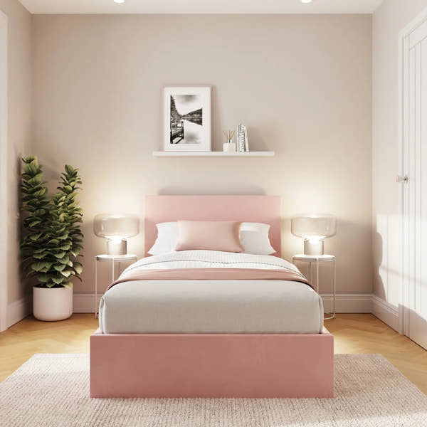 Camden end lift velvet ottoman bed frame with a low headboard