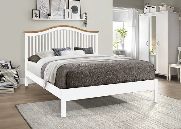 Chester king size wooden bed in white with oak effect top rail