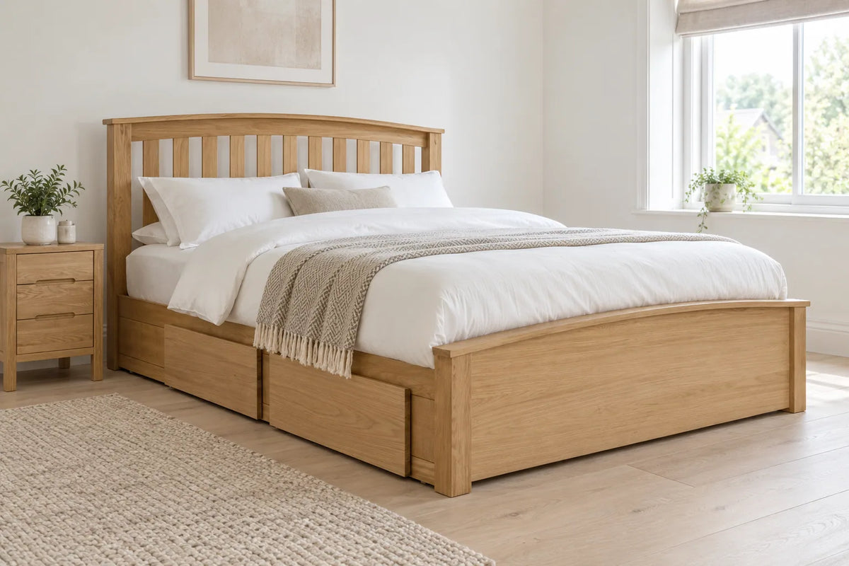 Clerkenwell natural oak super king storage bed, shown in a bright UK bedroom