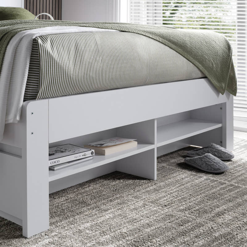 Harrow white wooden bed, the open shelves at the foot end