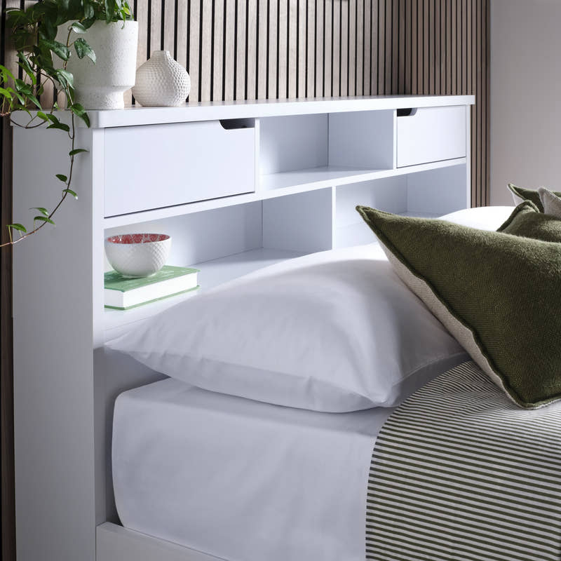 Harrow white wooden bed, close-up of the bookcase headboard