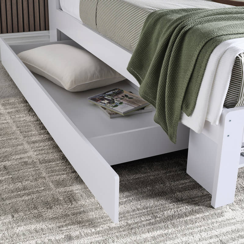 Harrow white wooden bed, close-up of an under-bed drawer