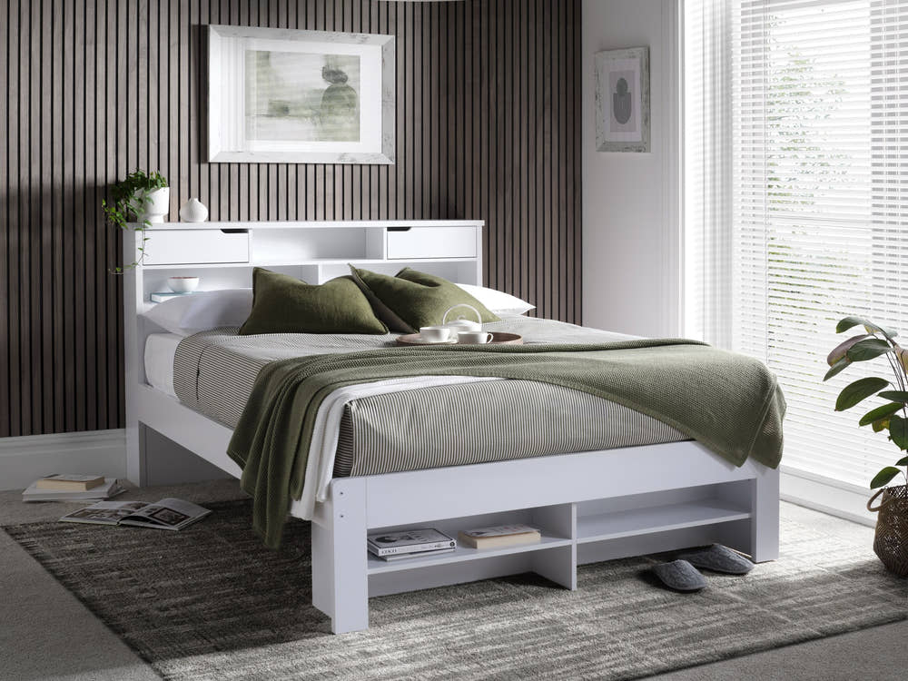 Harrow white wooden bed, in a bedroom