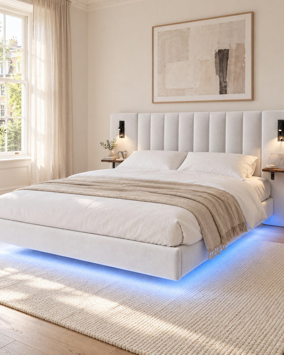 Maida floating bed in white velvet with its built-in bedside shelves and reading lights, in a bright bedroom (AI-generated illustration of this frame; bedding for illustration, mattress not included)