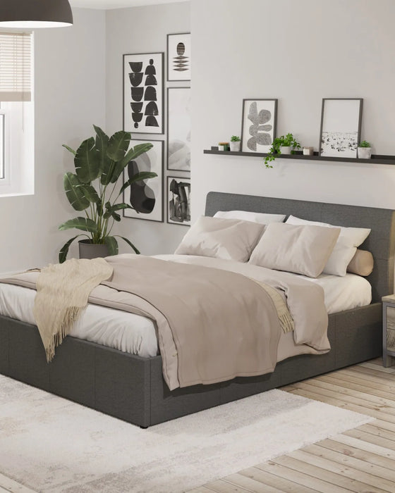 Fulham grey ottoman bed frame with a low headboard