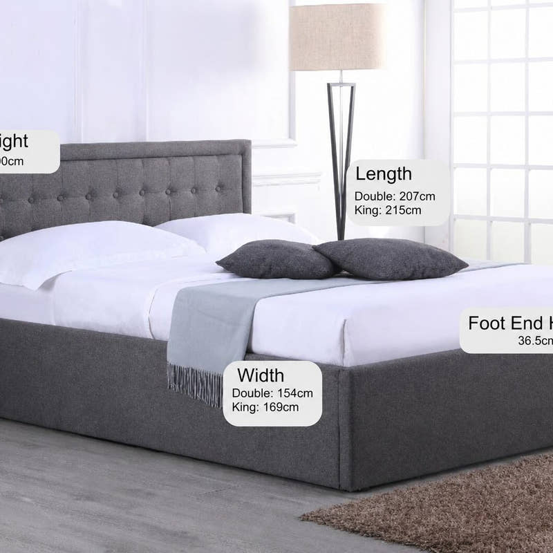 Hammersmith grey fabric ottoman bed with a buttoned headboard, in a bedroom with its height, width and length marked