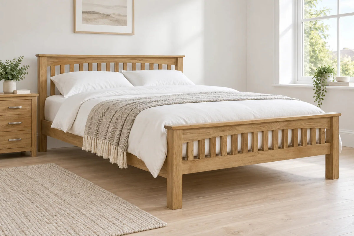 Hampstead solid oak super king bed, shown in a bright UK bedroom
