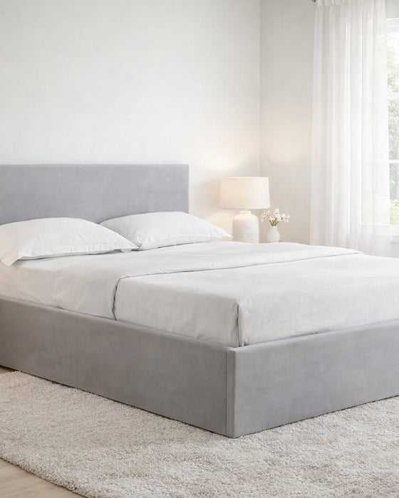 Highbury ottoman bed in light grey wool-effect fabric, in a bright bedroom