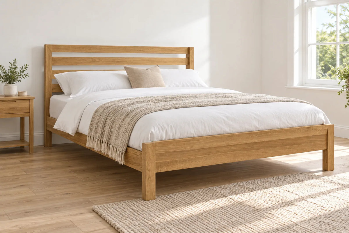 Highgate solid oak super king bed, shown in a bright UK bedroom