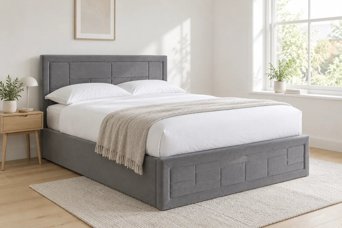 Holland velvet ottoman bed with a deep padded headboard, shown in a bright UK bedroom