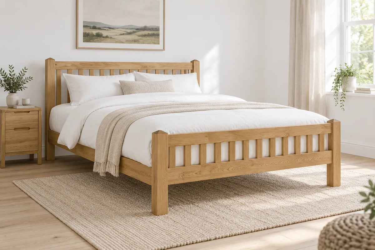 Islington solid oak super king bed, shown in a bright UK bedroom
