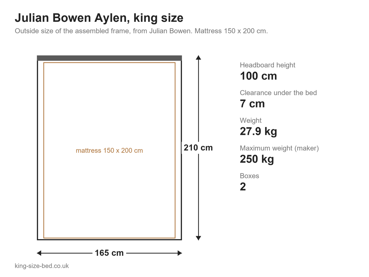 Julian Bowen Aylen king size bed: dimensions diagram, 165 x 210 cm outside