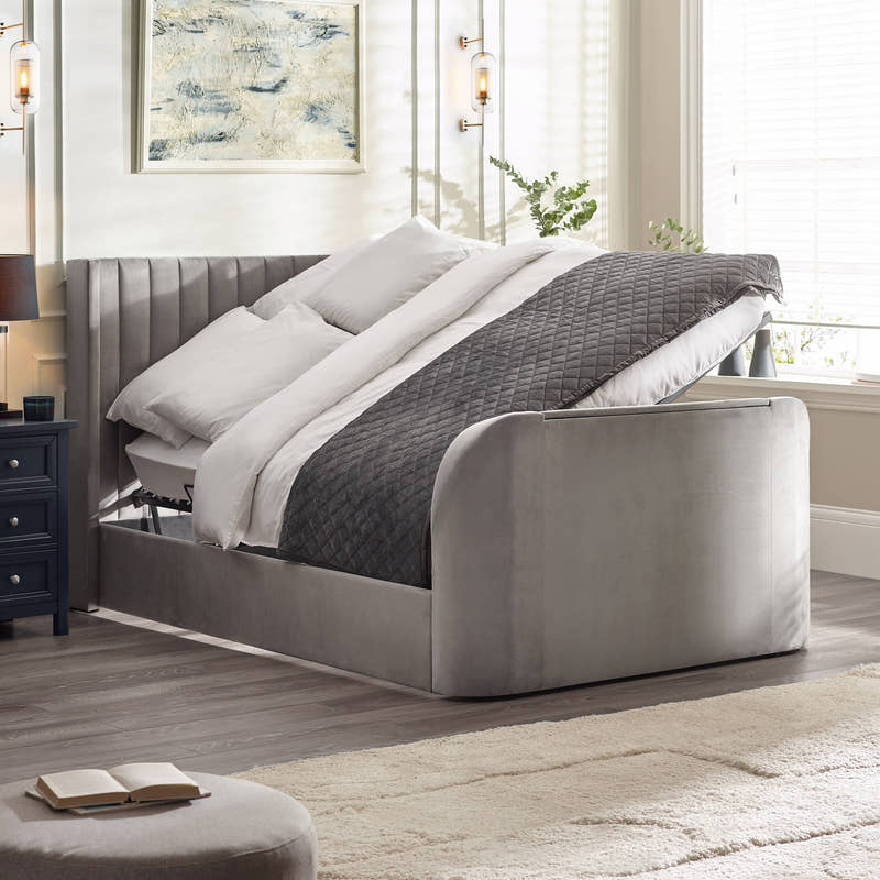 Julian Bowen Clara TV bed in light grey velvet with the side lift ottoman open