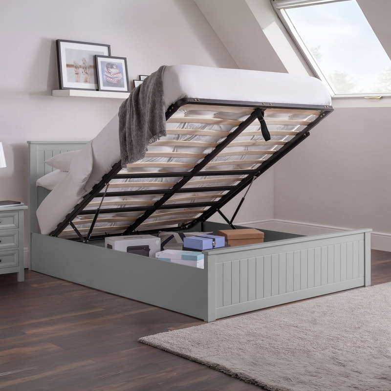 Julian Bowen Maine dove grey ottoman bed with the base lifted to show the storage