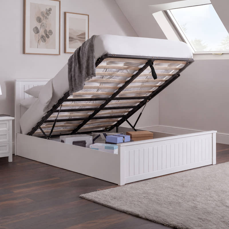 Julian Bowen Maine surf white ottoman bed with the base lifted to show the storage