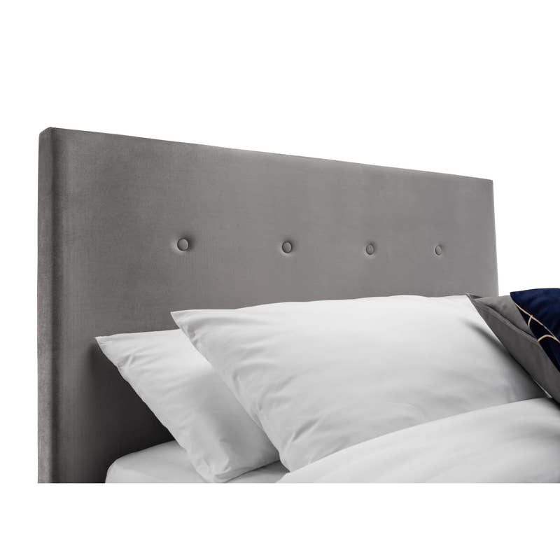 Shoreditch ottoman bed: the high slate grey headboard with its row of buttons, close up