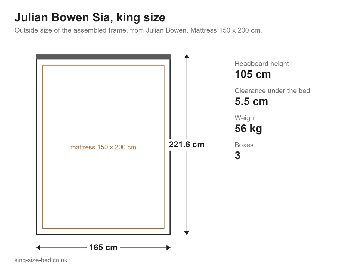Julian Bowen Sia king size bed: dimensions diagram, 165 x 221.6 cm outside