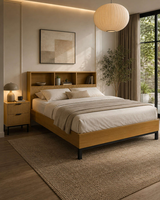 Julian Bowen Sia bookcase headboard bed in light oak effect, in a warm bedroom