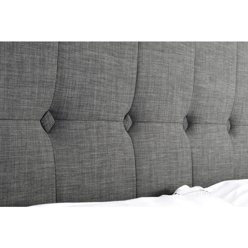 Sorrento bed: buttoning on the slate grey linen headboard, close up